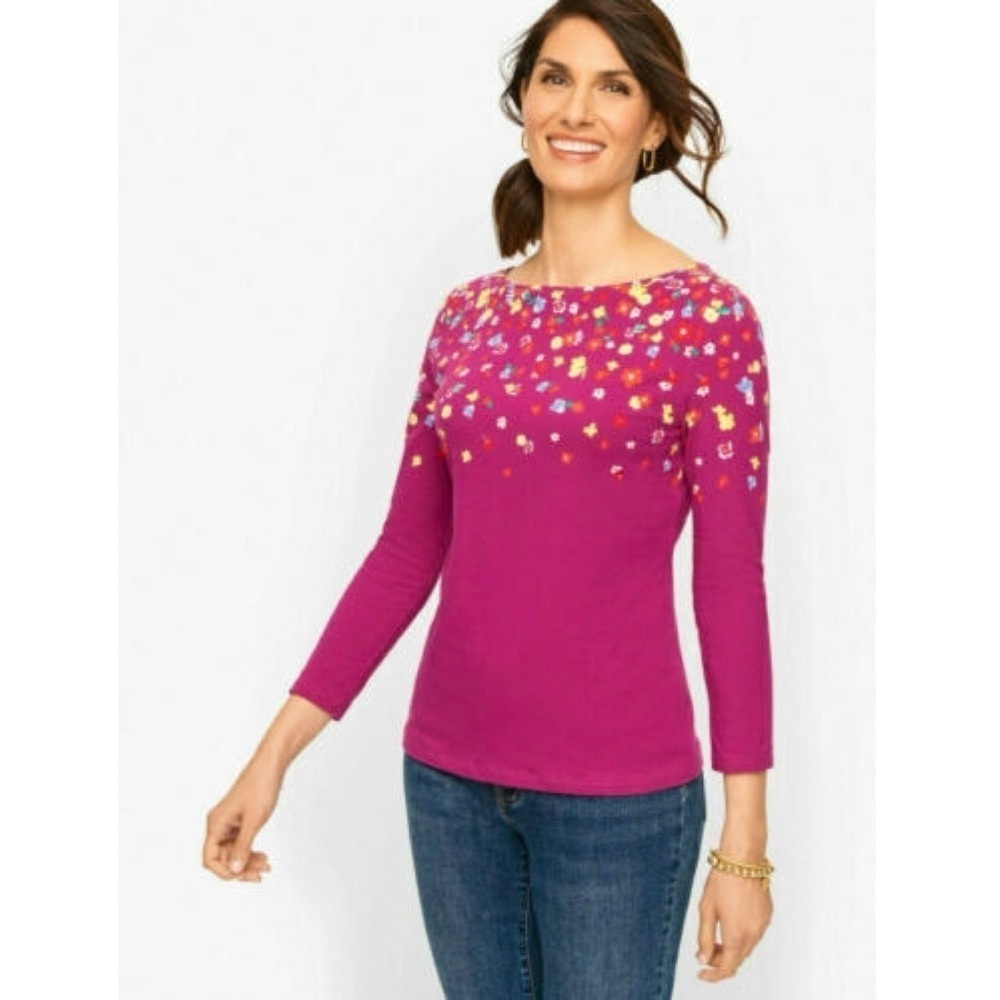 NWT Talbots Magenta Floral Confetti Three Quarter Sleeve Cotton Stretch Tee L